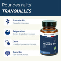 Présentation des avantages du complément Nuit paisible sommeil naturel : formule bio, sans accoutumance, à base de plantes reconnues.