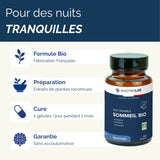 Présentation des avantages du complément Nuit paisible sommeil naturel : formule bio, sans accoutumance, à base de plantes reconnues.
