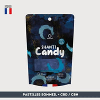 Emballage de bonbons CBD et mélatonine NOVALOA® Shanti Candy pour le sommeil, supplément français à base de CBN, CBD et mélatonine.
